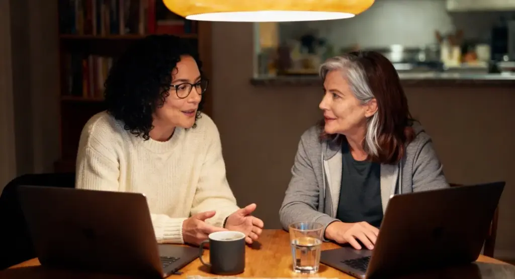 Two women playing a murder mystery game in the dining room